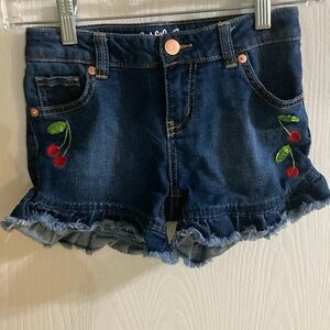Cat & Jack Blue Denim Shorts with Cherry Embroidery and Ruffle Hem. Size 7/8